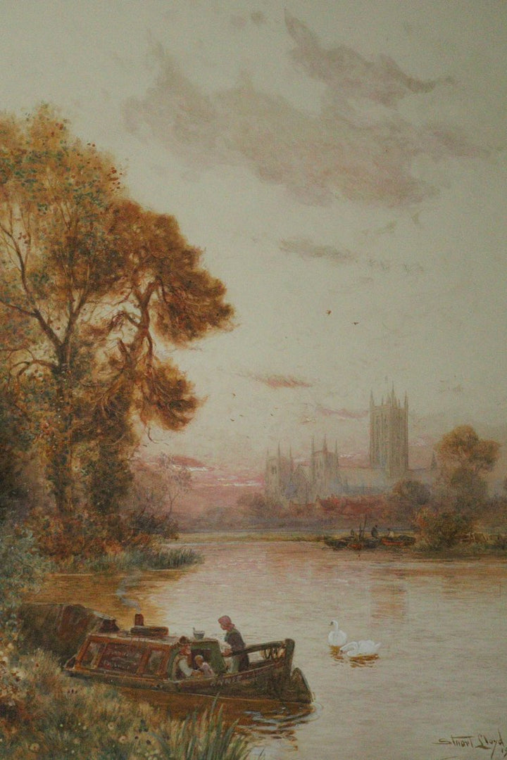 Landscape with a river, boat, and cathedral in the background