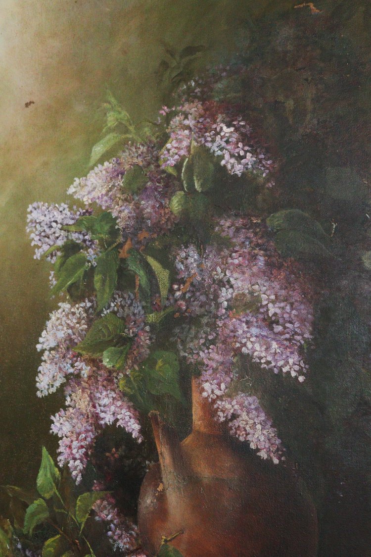 Artistic depiction of a vase with purple flowers on a textured background