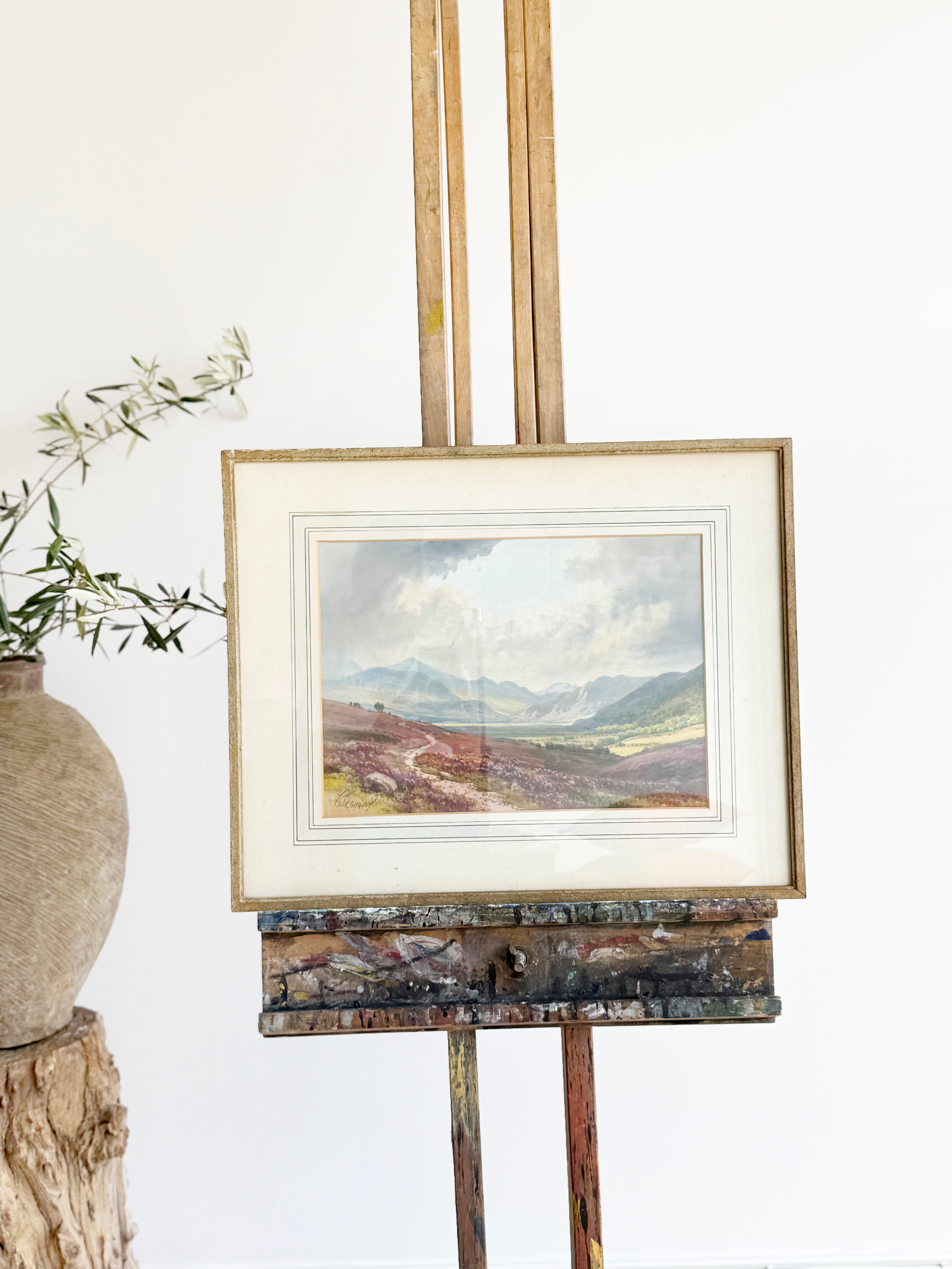 Attributed Frank Gresley. (1855-1936). Moorland view with mountains beyond. Watercolour. Signed indistinctly lower left. 35 x 25 cm.