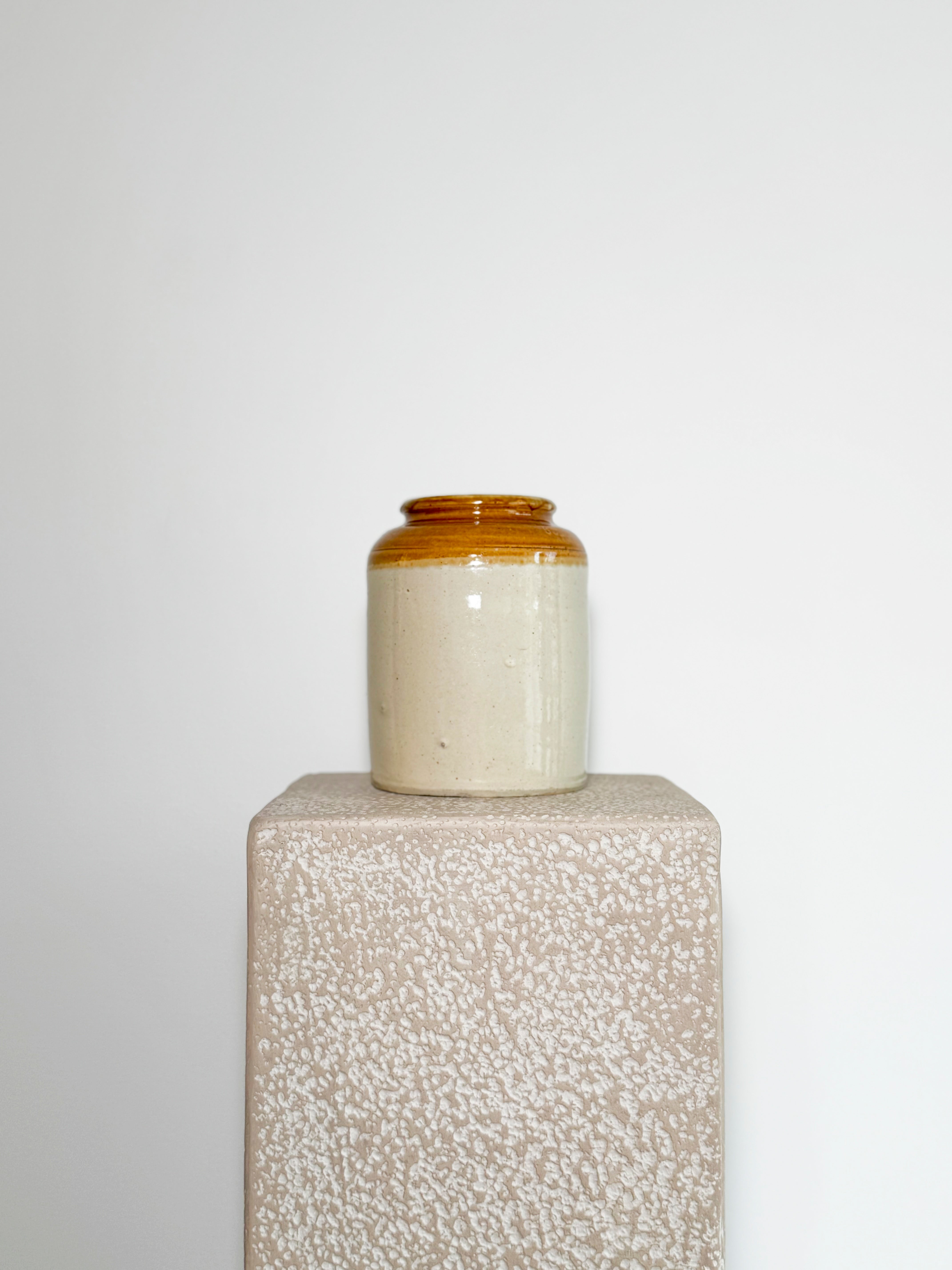 antique or vintage salt-glazed stoneware jar, originally used for preserves, pickles, or food storage.