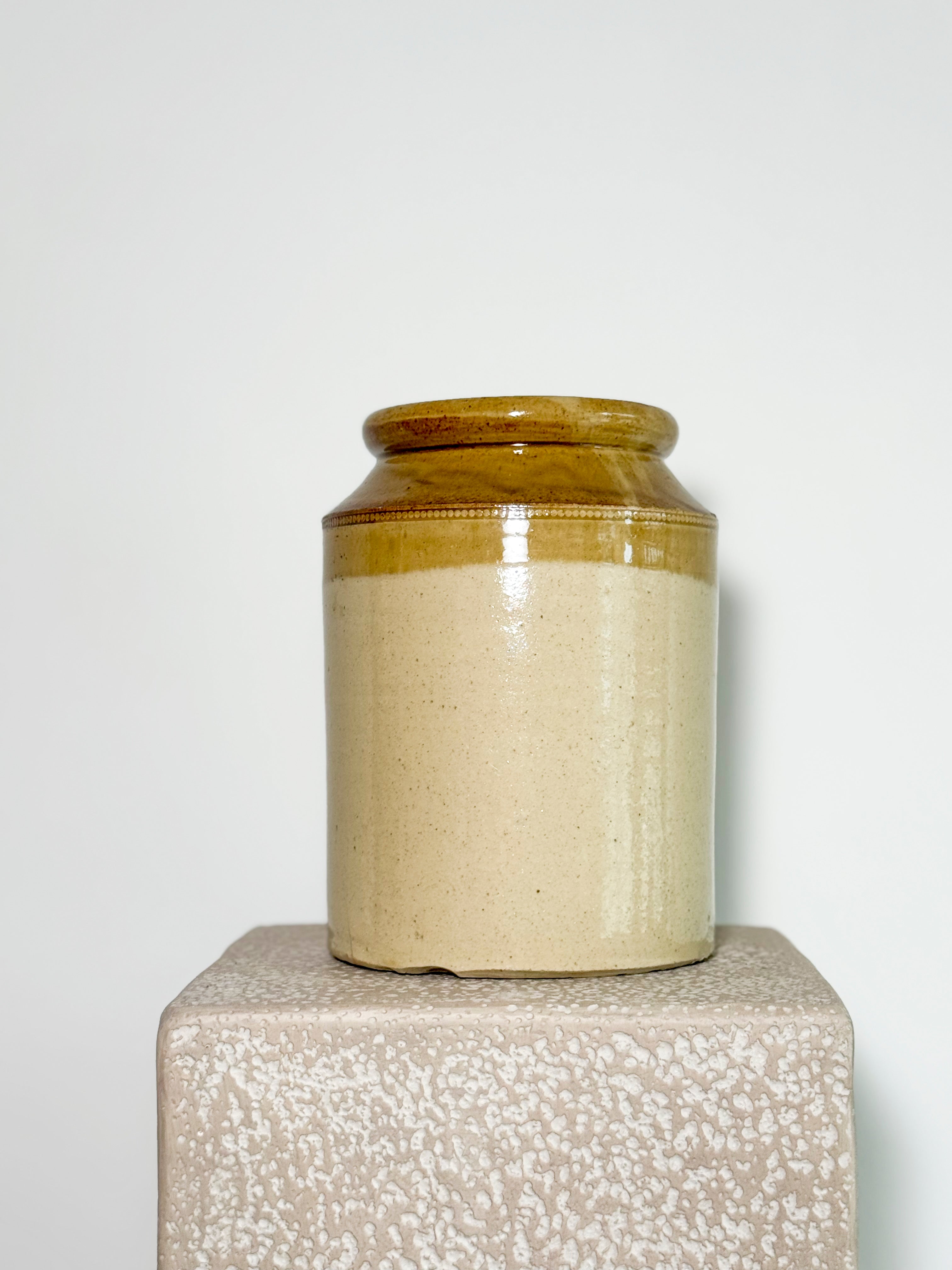 vintage two-tone salt-glazed stoneware preserving jar or crock pot