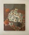 Still life painting of flowers and a vase on a table