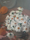 Still life with flowers and fruits on a wooden surface