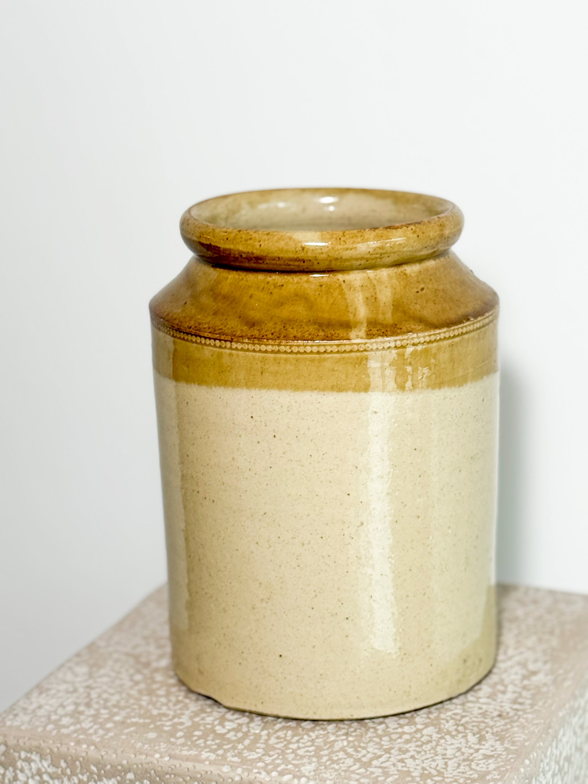 vintage two-tone salt-glazed stoneware preserving jar or crock pot