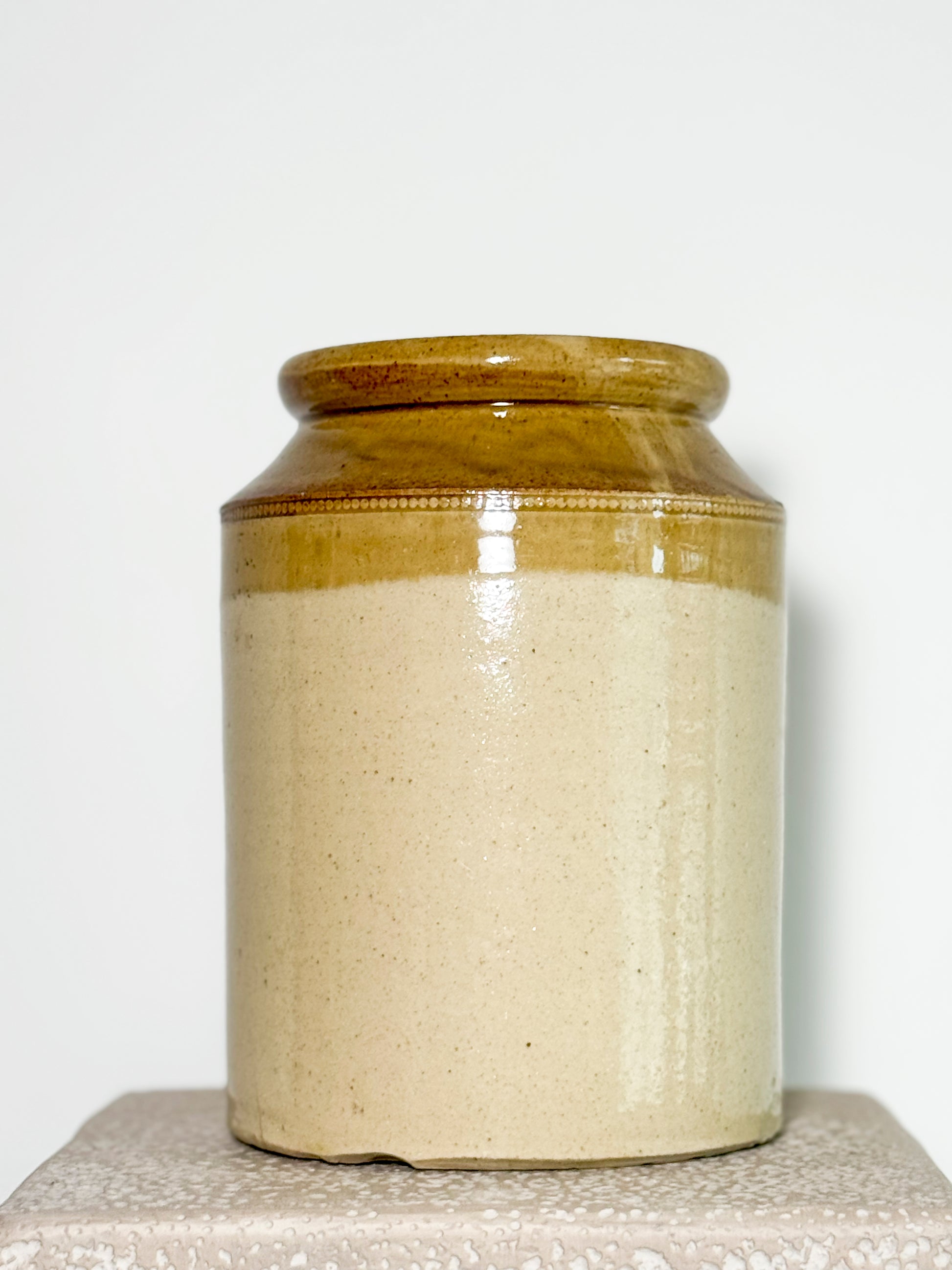 vintage two-tone salt-glazed stoneware preserving jar or crock pot