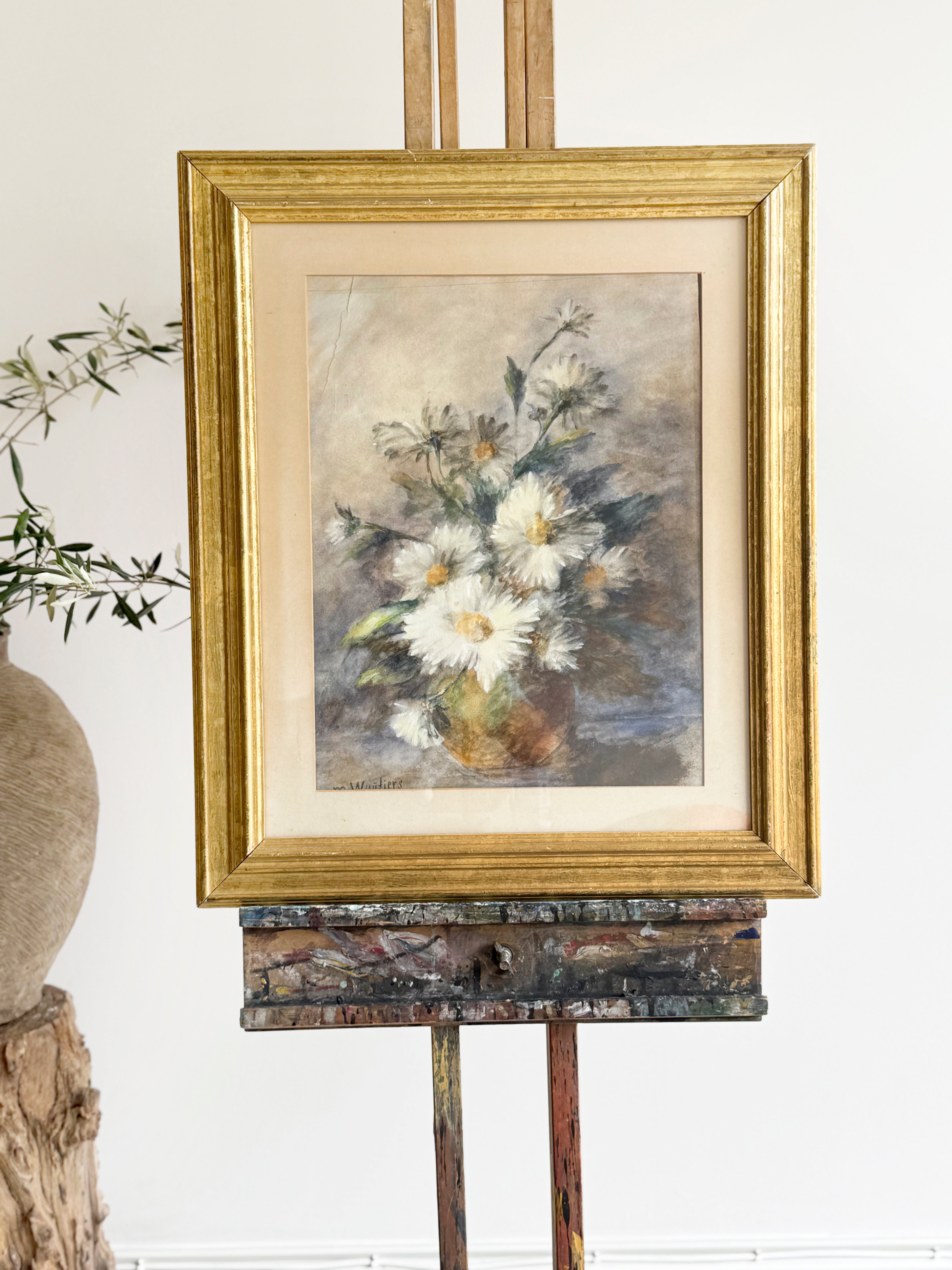 vintage art, daisies in a vase