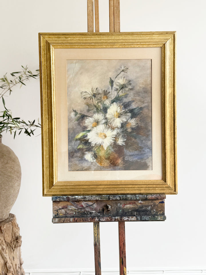 vintage art, daisies in a vase