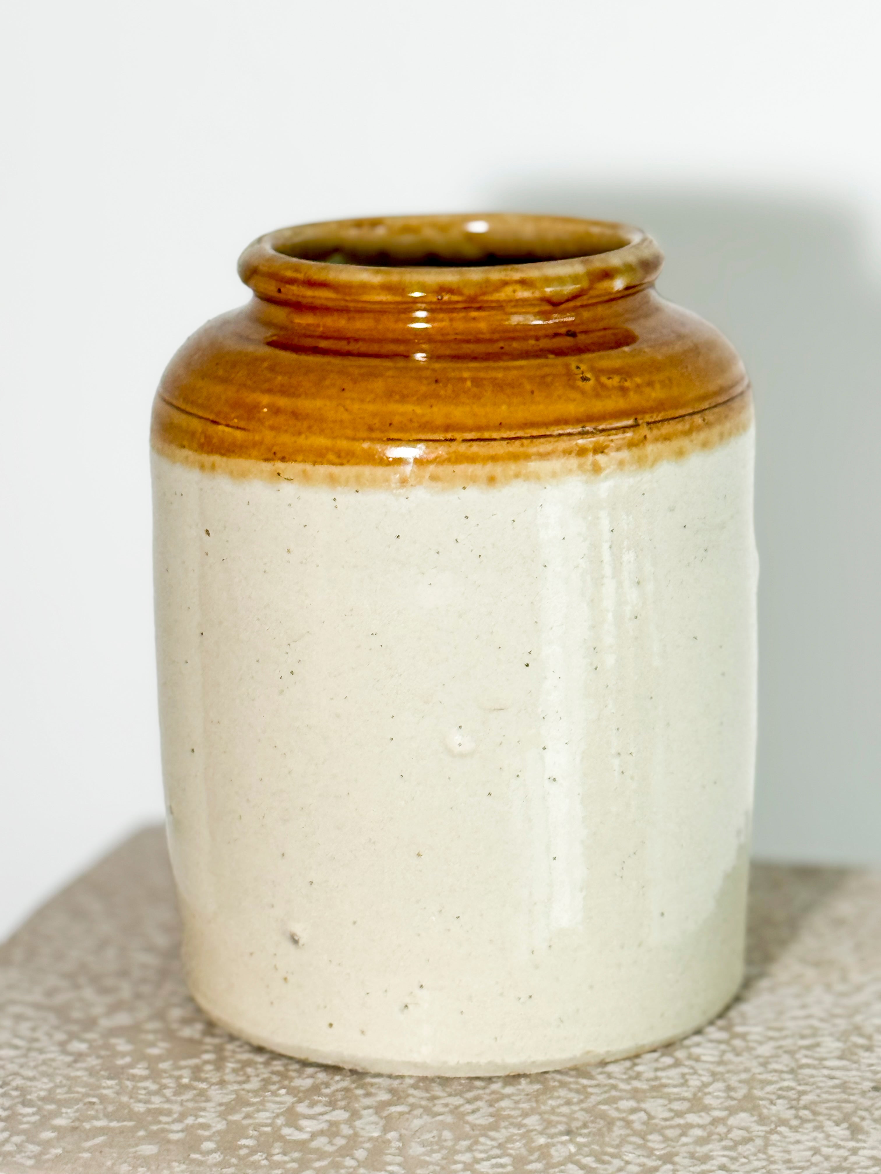 antique or vintage salt-glazed stoneware jar, originally used for preserves, pickles, or food storage.