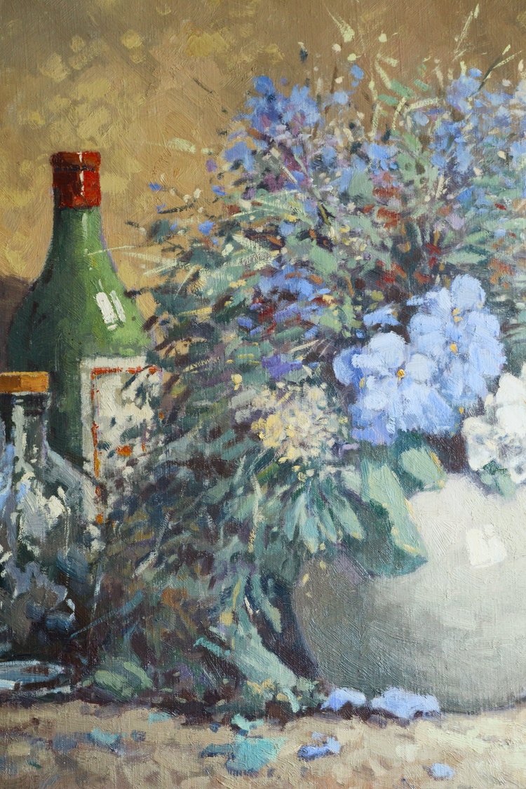 Still life painting art and objects	
timeless home decor found objects decor
vintage home accessories
antique art	
sculptural home objects	
modern rustic interiors art and antiques London, collectible home objects, curated furniture, interior styling decor antique sourcing London, interior styling objects UK, sustainable homeware, curated interiors Londonof a green bottle and bouquet of flowers on a textured surface