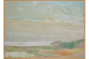 Scenic painting of a landscape with a body of water and hills.