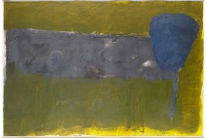 Abstract artwork with a blue shape on a green background