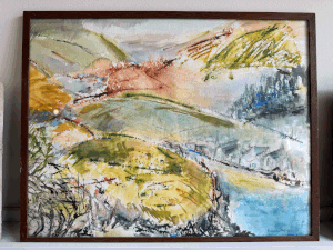 Abstract art piece with green and blue brush strokes on a white background