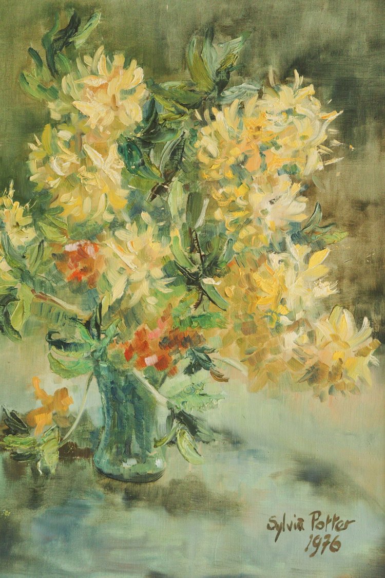 Painting of a bouquet of flowers in a vase with a signature and date in the corner.